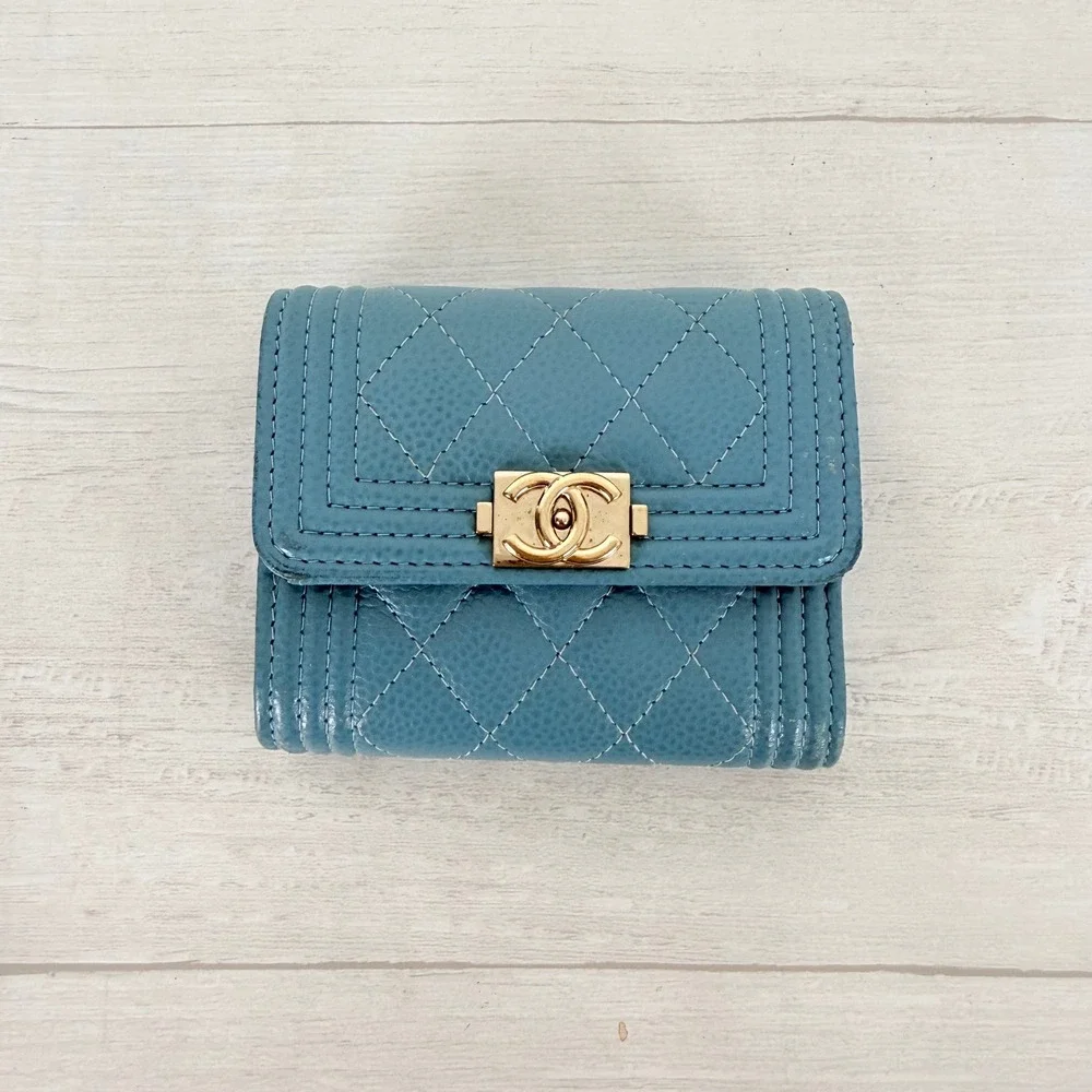 Chanel Boy Flap Wallet Light Blue Caviar Leather Gold Hardware Quilted Authentic